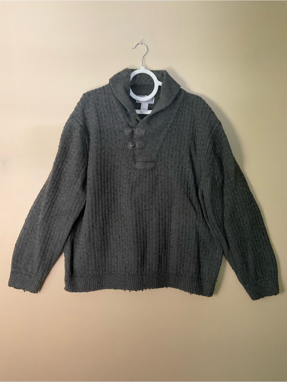 Duluth Trading Co Dark Gray Shawl Button Crewneck Sweater